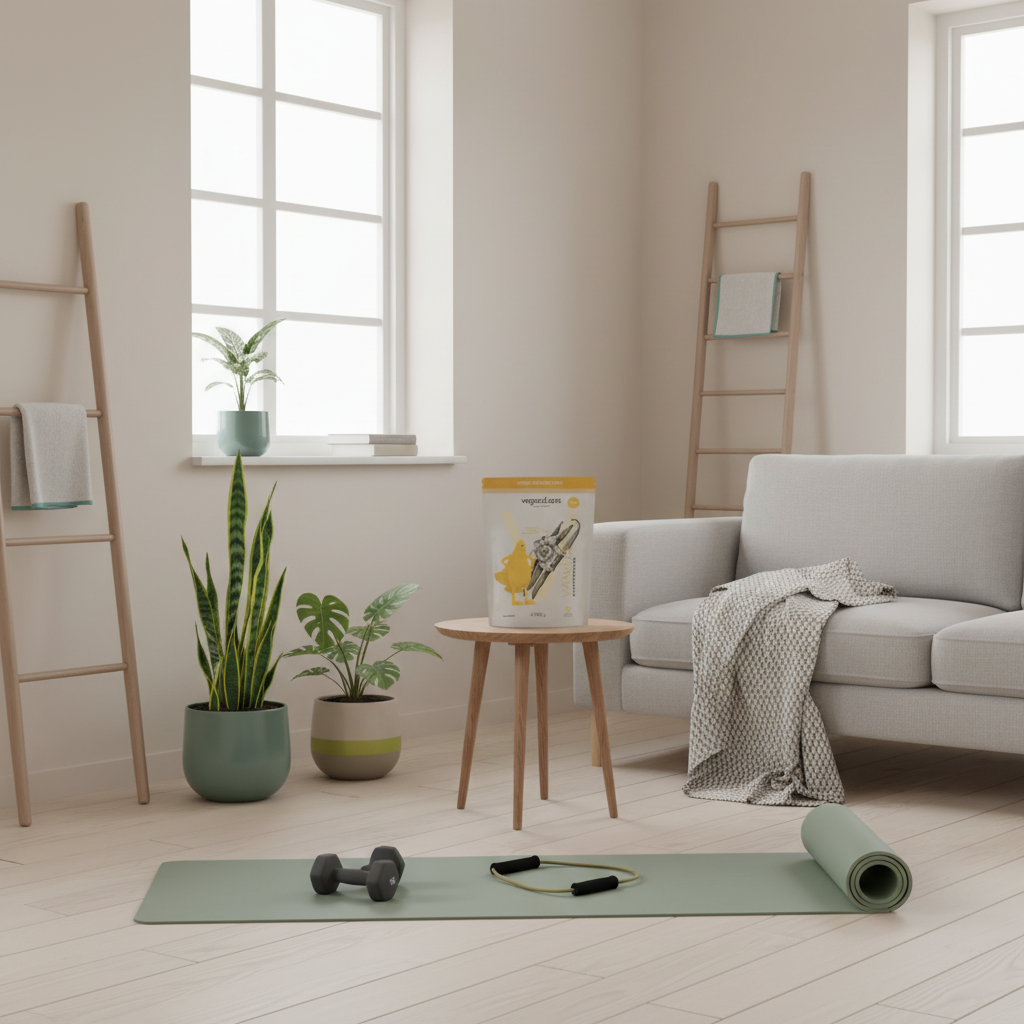 Minimalistische skandinavische Heimtrainingsszene mit Yogamatte, Hanteln und Pflanzen im Winterlicht, vegardians Farbstimmung, geeignet für Diäten