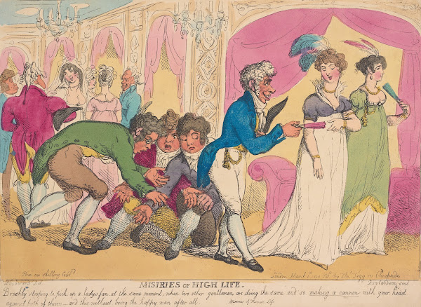 Miseries of high life Briskly stooping to pick up a ladys fan    1808