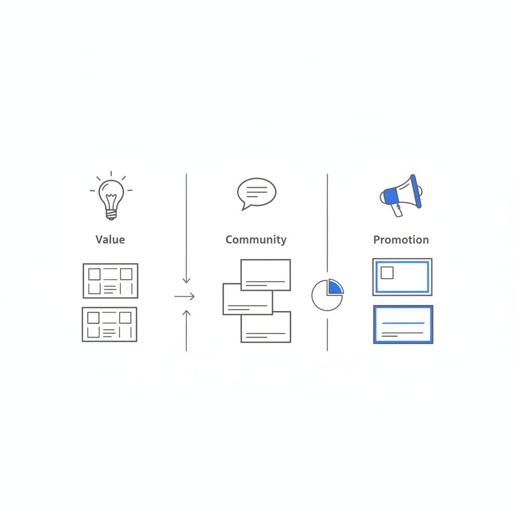 Minimalist 2D vector infographic of a three-column social strategy layout with lightbulb, chat bubble, megaphone icons and thumbnail sketches, blue accent &mdash; 50 30 20 social media strategy