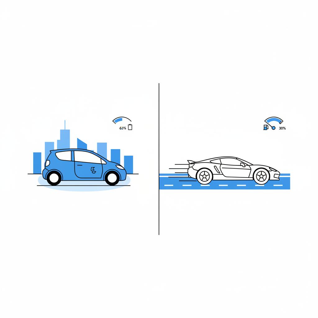 Minimalist 2D vector split illustration comparing city electric driving on left and highway engine driving on right showing range difference bmw i8 for sale