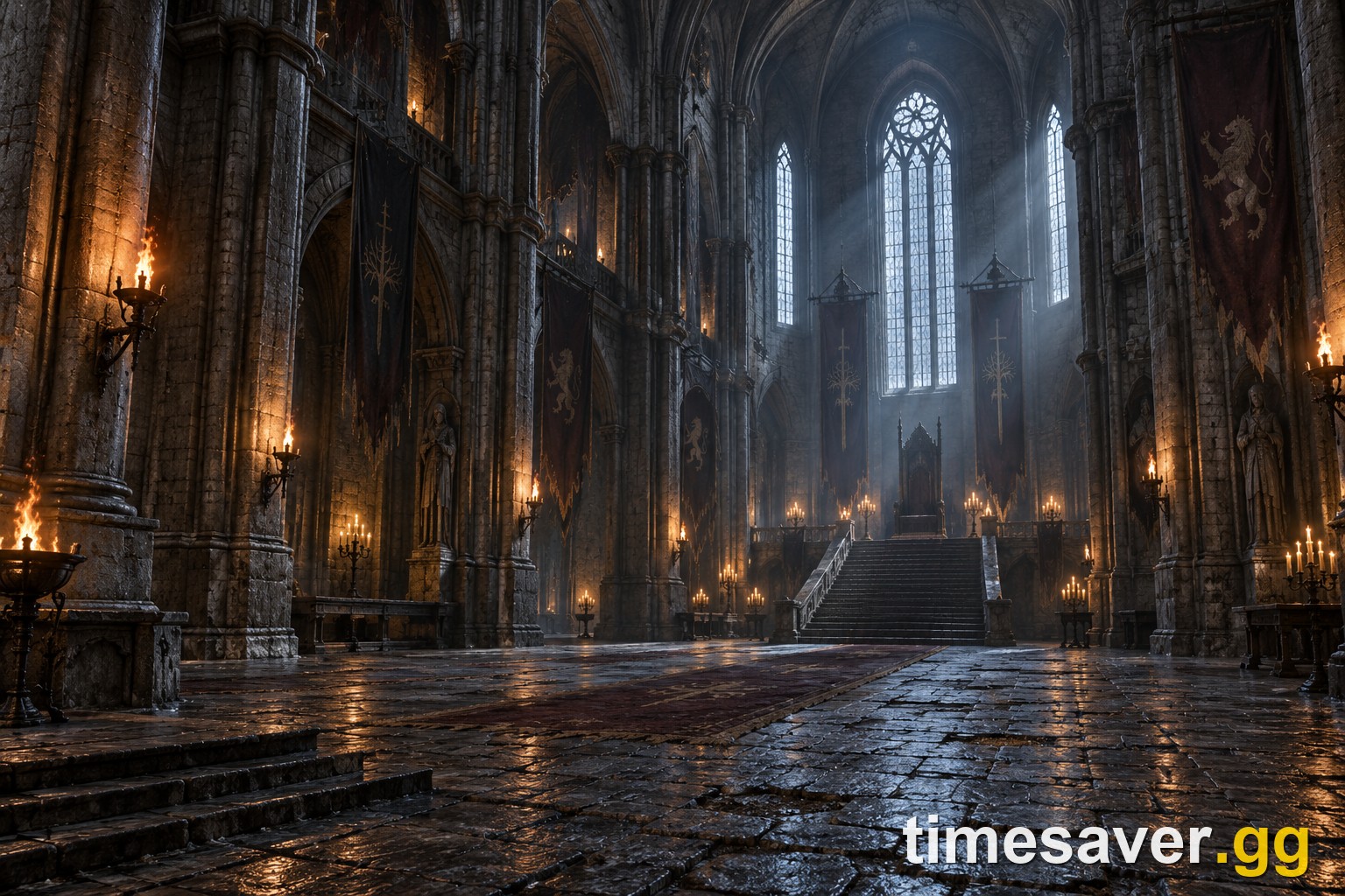 Torch-lit gothic stone keep hall interior, atmospheric art for The Blood of Dawnwalker