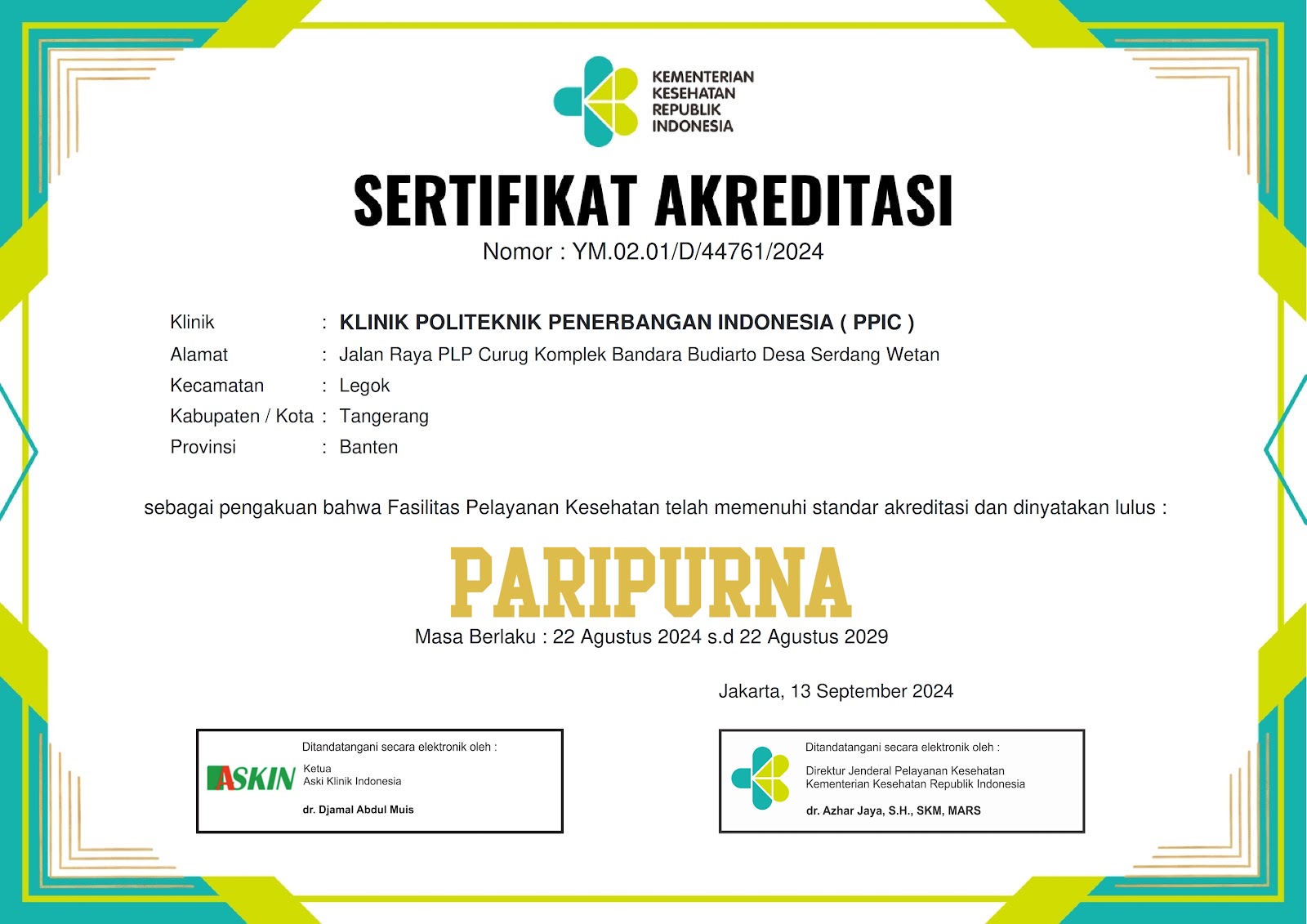 Sertifikat Akreditasi Klinik PPI Curug