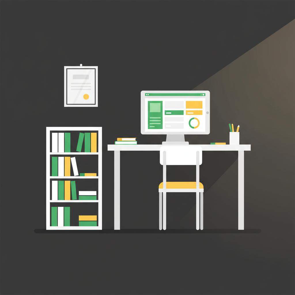 Minimal 2D vector tidy home office with tablet dashboard representing most profitable passive income course subtle Finance Police brand colors