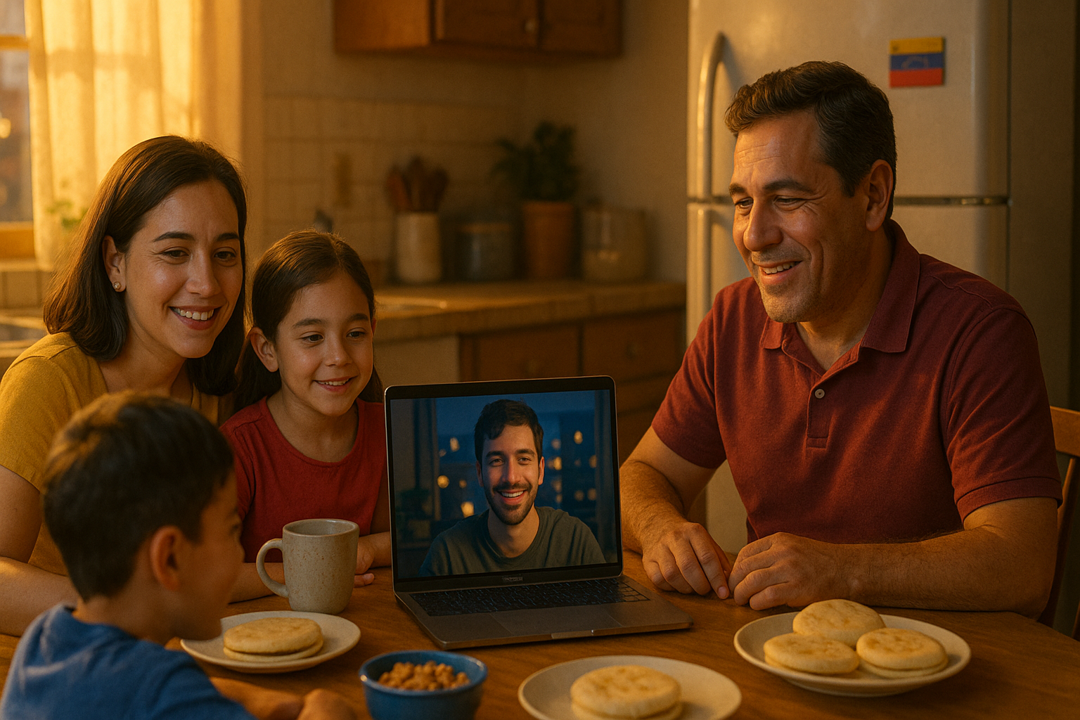 Videollamada entre familia venezolana y un migrante, gesto de apoyo y sonrisas