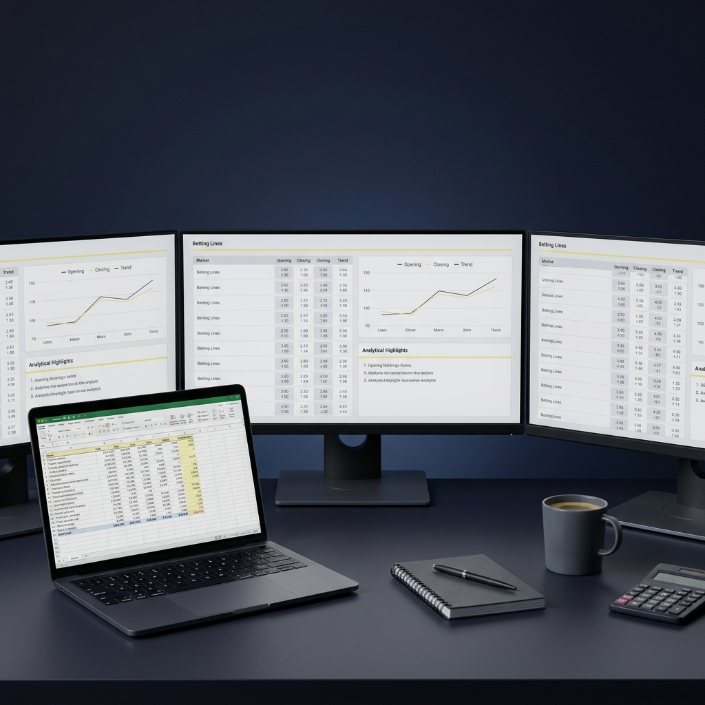 Close up tidy bettor desk with multiple screens showing opening and closing lines and a laptop spreadsheet for odds analysis featuring sharpest sportsbooks color palette and minimal layout