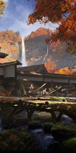 Japanese Landscape, Autumn Foliage, Waterfall, Samurai 4K Wallpaper Background