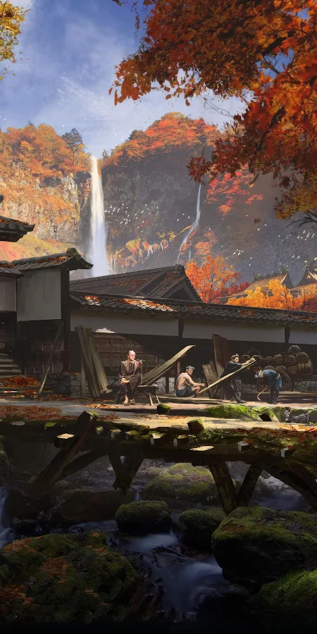 Japanese Landscape, Autumn Foliage, Waterfall, Samurai 4K Phone Wallpaper