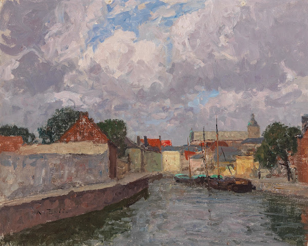 A Canal with Boats before a Town
