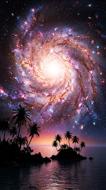 Vast Swirling Galaxy over Tranquil Ocean with Island Silhouettes - Free mobile Wallpaper