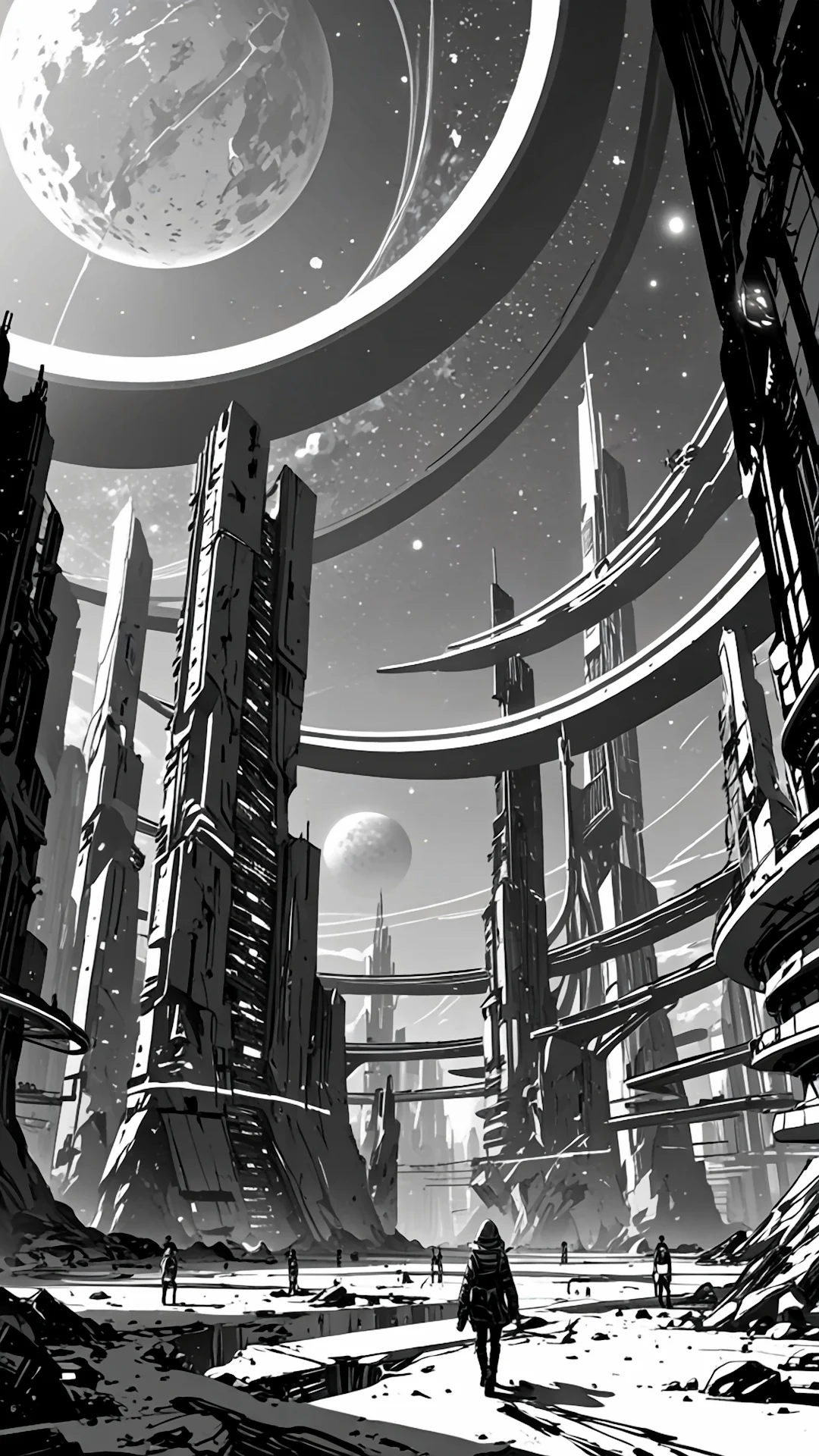 Monochromatic Sci-Fi Metropolis with Ringed Planet View - Free 4K mobile Wallpaper