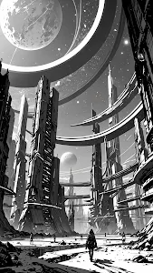 Monochromatic Sci-Fi Metropolis with Ringed Planet View