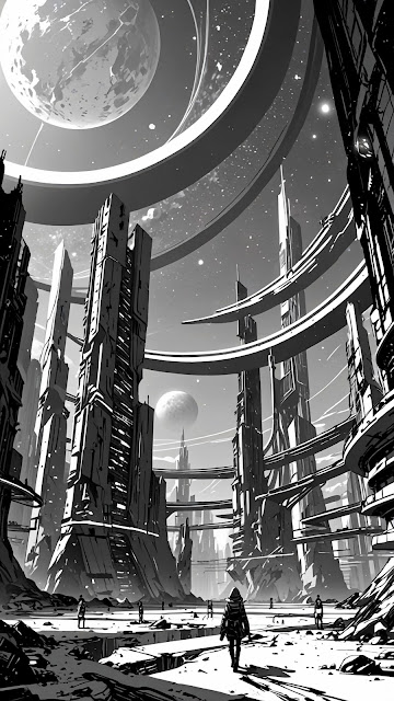 Monochromatic Sci-Fi Metropolis with Ringed Planet View - Free mobile Wallpaper