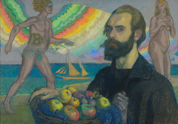 Self portrait with a basket of fruit against the background of the sea 1918