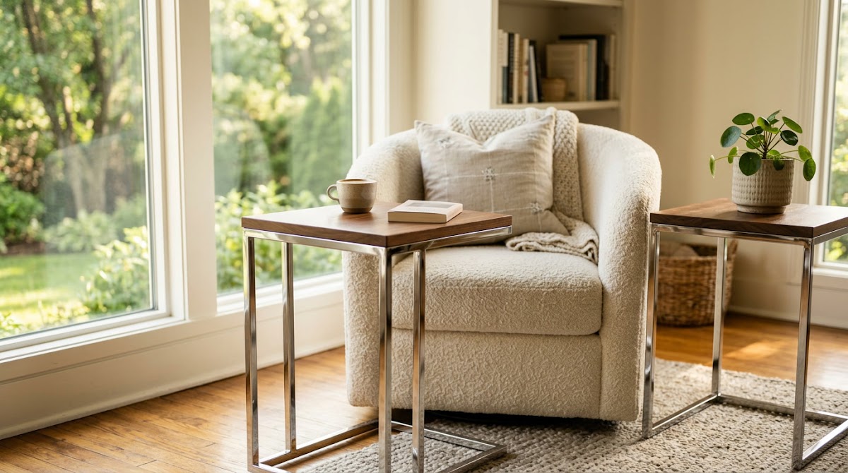 How to Make a Small Living Room Feel Bigger With Chrome Side Tables - chrome accents used in living room bedroom and dining room