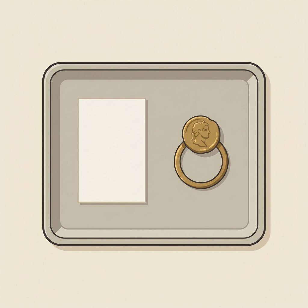 Minimalist 2D vector flat lay of provenance paperwork condition notes and an ancient roman coin ring in a conservation tray on a soft beige ede7da background