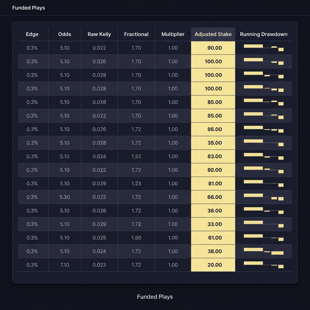Clean full frame spreadsheet dashboard in Funded Plays colors showing columns Edge Odds Raw Kelly Fractional Multiplier Adjusted Stake Running Drawdown with adjusted stake highlighted How to Calculate Your Maximum Sustainable Stake