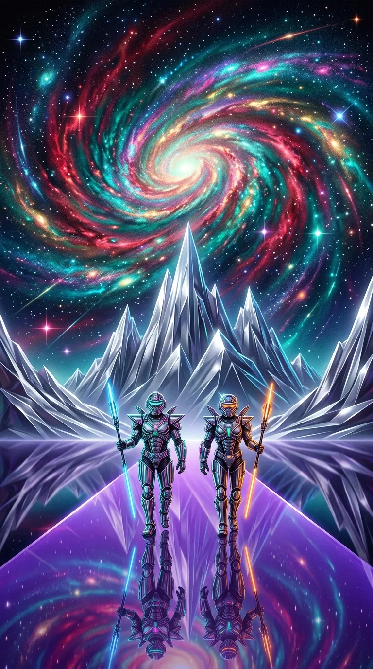 Surreal Retro-Futuristic Mountain Ascent with Iridescent Galaxy - Free 4K mobile Wallpaper