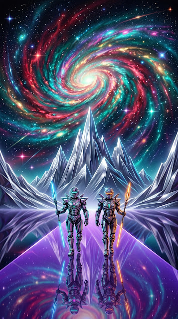 Surreal Retro-Futuristic Mountain Ascent with Iridescent Galaxy - Free mobile Wallpaper
