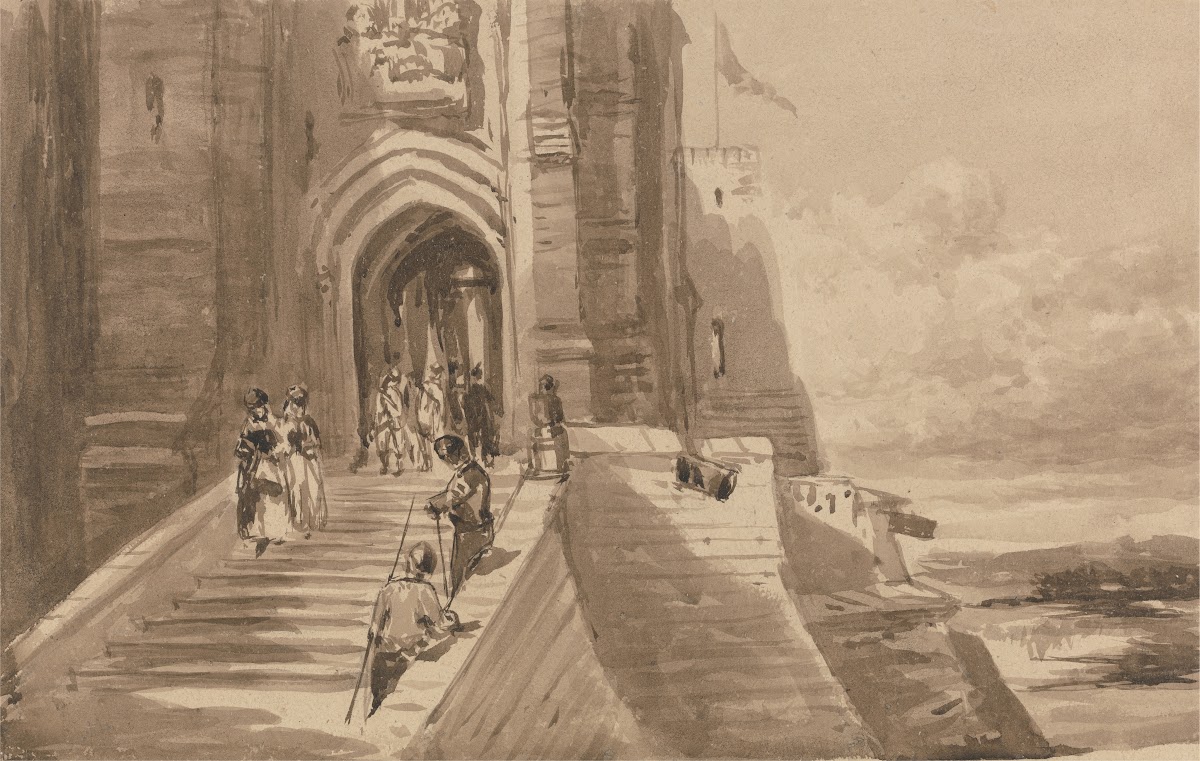 Figures on the Outer Staircase of a Castle ca 1840