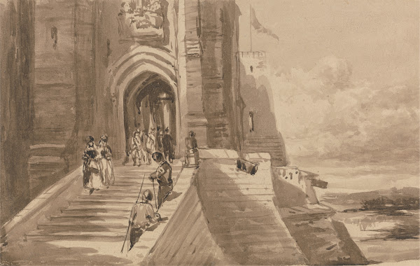 Figures on the Outer Staircase of a Castle ca 1840