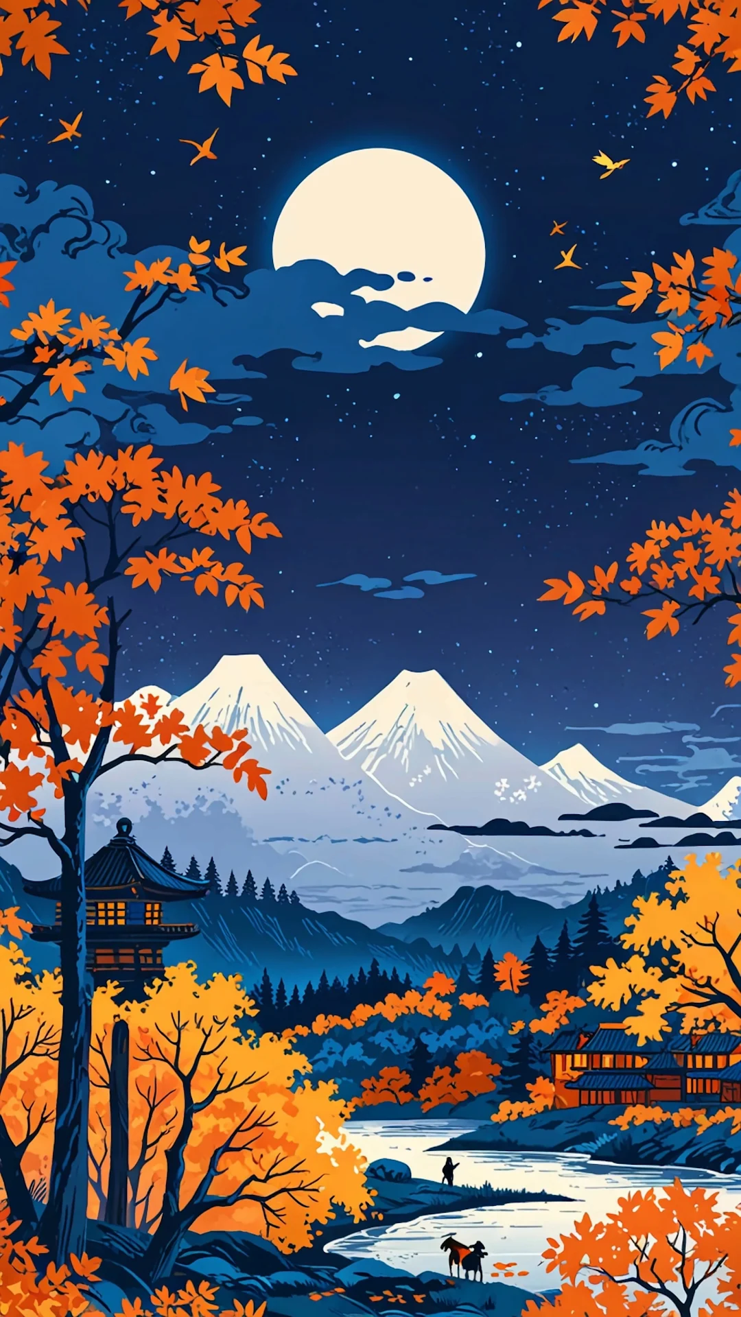 Autumn Night Scene with Moon and Snowy Peaks - Free 4K mobile Wallpaper