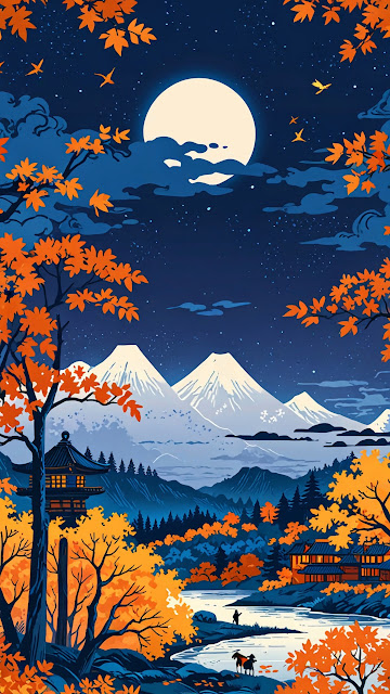 Autumn Night Scene with Moon and Snowy Peaks - Free mobile Wallpaper