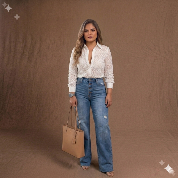 Jeans Alto Azul Medio con Rotos y Desgastes