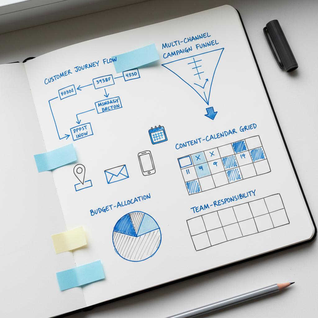 Close-up notebook page of workflow maps and sticky notes outlining a local business content and channel plan with dark gray sketches and #1a5bfb accents &mdash; big 4 in marketing