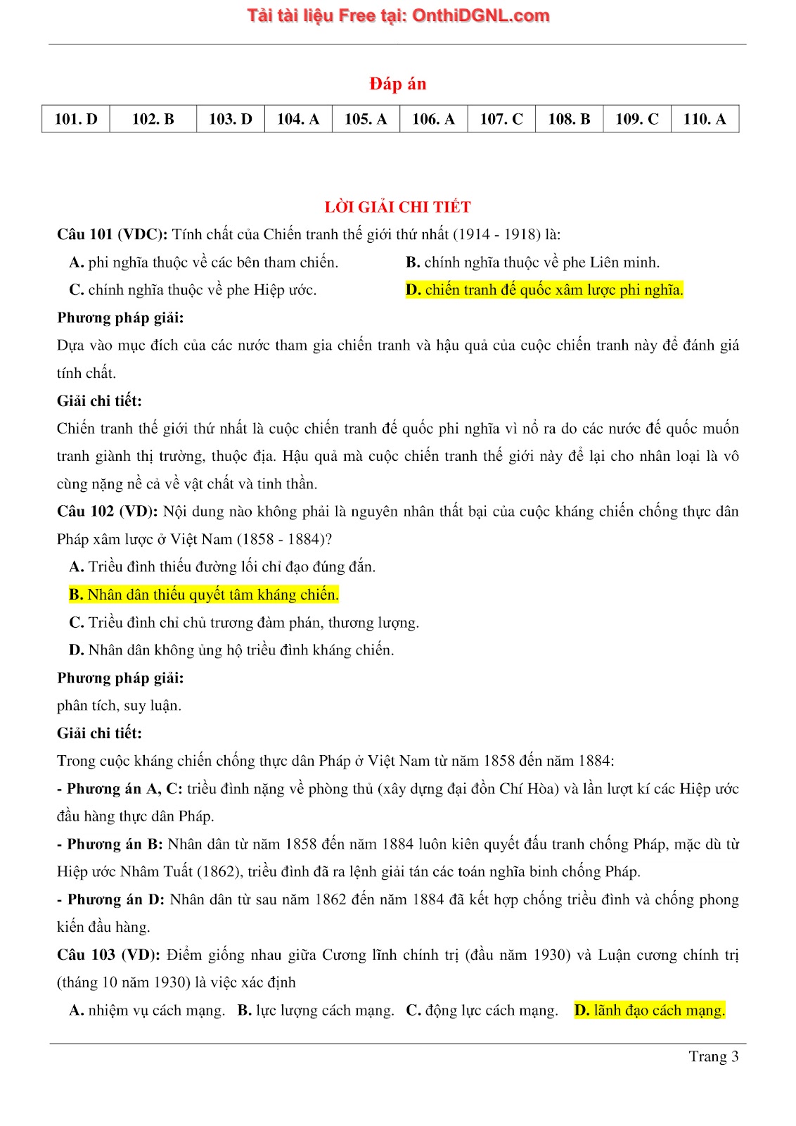 150 bài tập môn Sủ- Ôn thi ĐGNL ĐHQG HN Phần 9