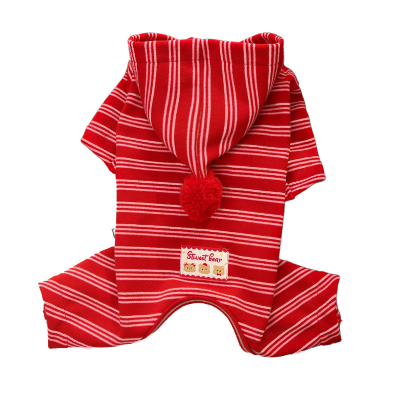 Dog sweater with four legs, red striped pattern