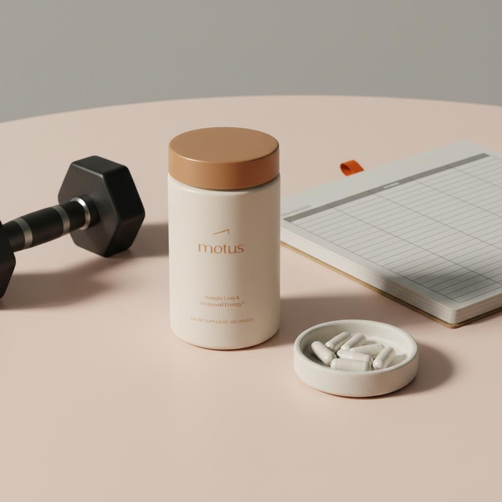 Motus supplement bottle on a pale table with measured capsules, a notebook tracking log, and a dumbbell, illustrating healthy fat burners in a minimalist Tonum style