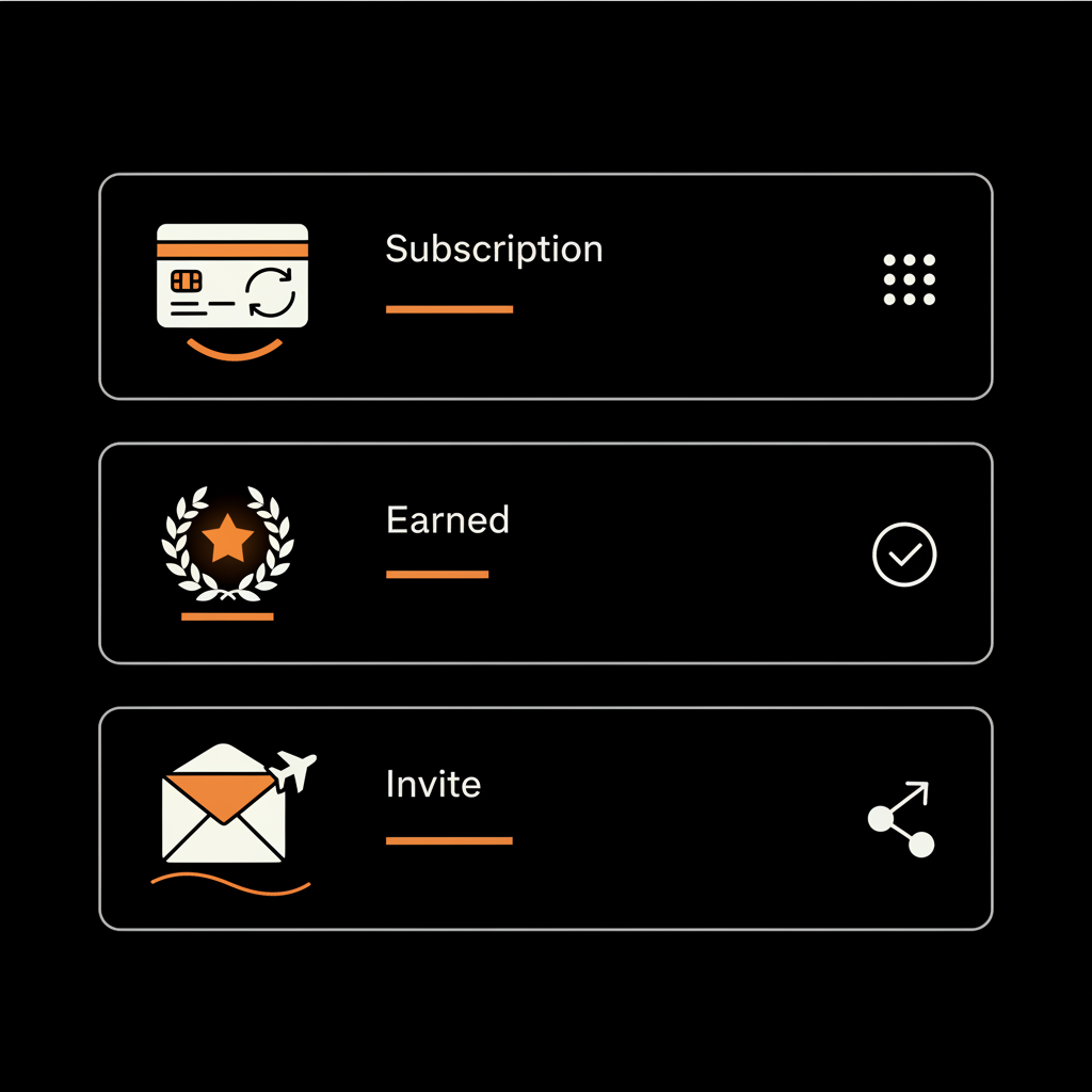 Minimal 2D vector infographic comparing subscription vs earned vs invite verification lanes, color-coded in brand palette — can anyone get a blue check
