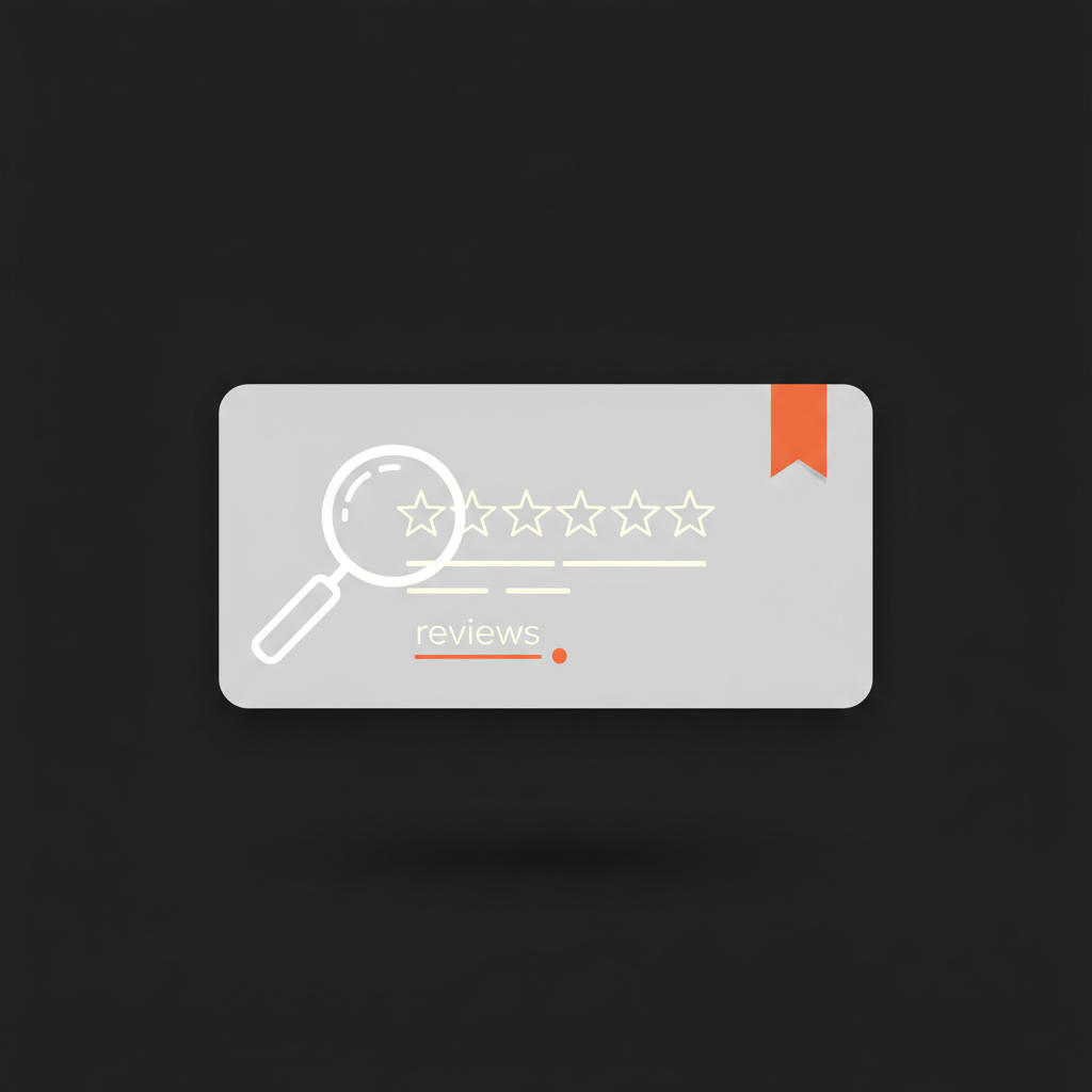 Minimal vector infographic of a magnifying glass over a review card with a small flag on a black background, light grey shapes and cream text, illustrating how to hide my Google reviews.