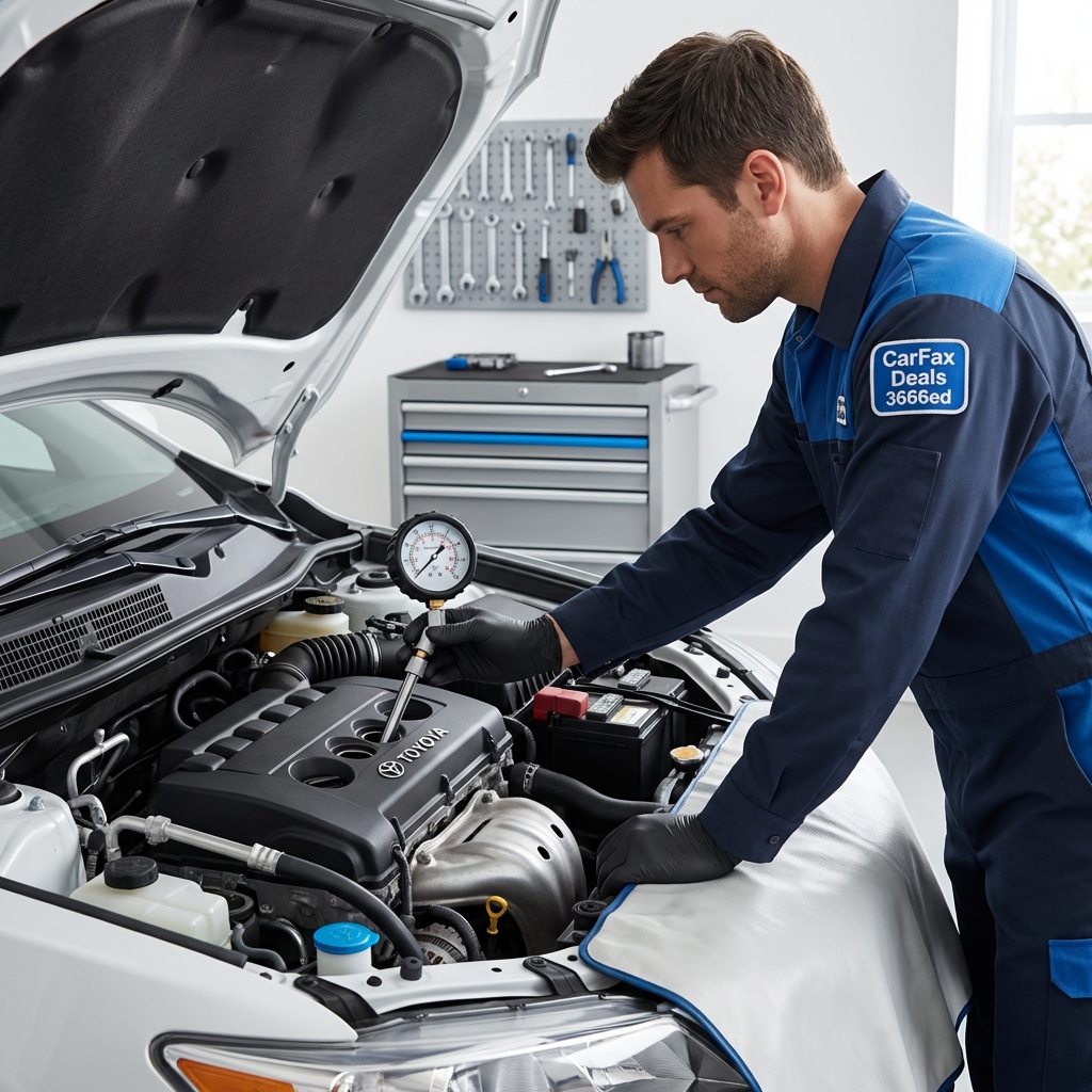 Mechanic performing a compression test on a Toyota engine in a clean bright garage minimalist scene for toyotas for sale