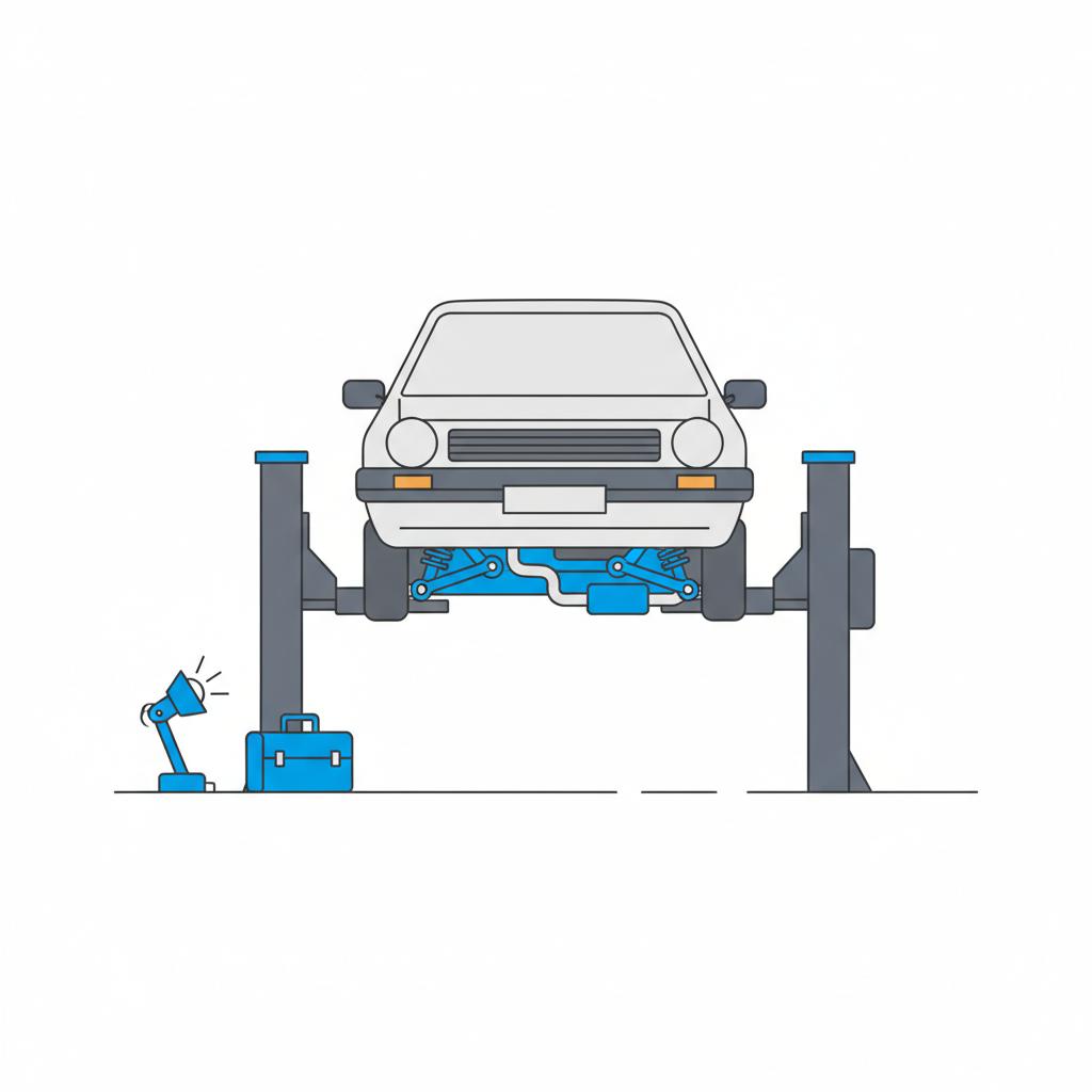Minimalist 2D vector of a compact car on a lift with underside cutaway highlighting suspension and exhaust in blue 3666ed, implied toolbox and lamp, clean white background, cheap cars for sale near me
