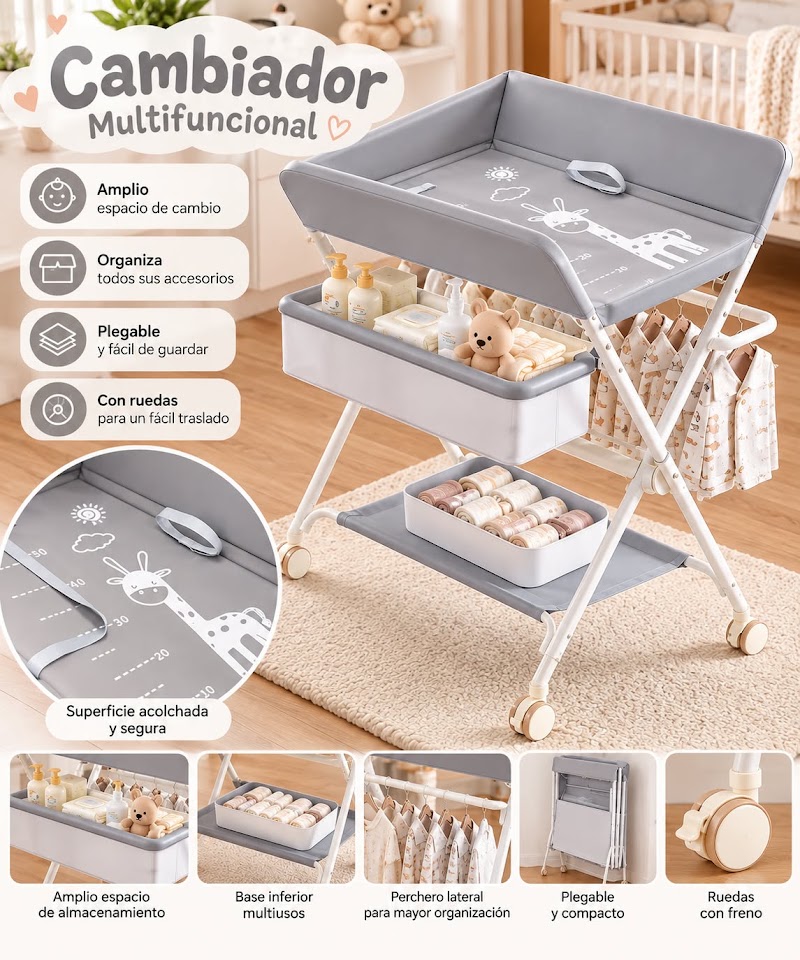 Cambiador multifuncional para bebé plegable con ruedas · foto 2