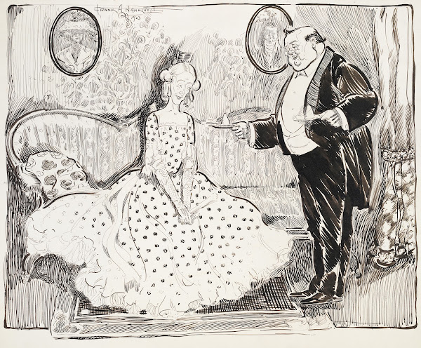 Old couple man fat wife lean he is bringing dessert in she graciously refuses 19