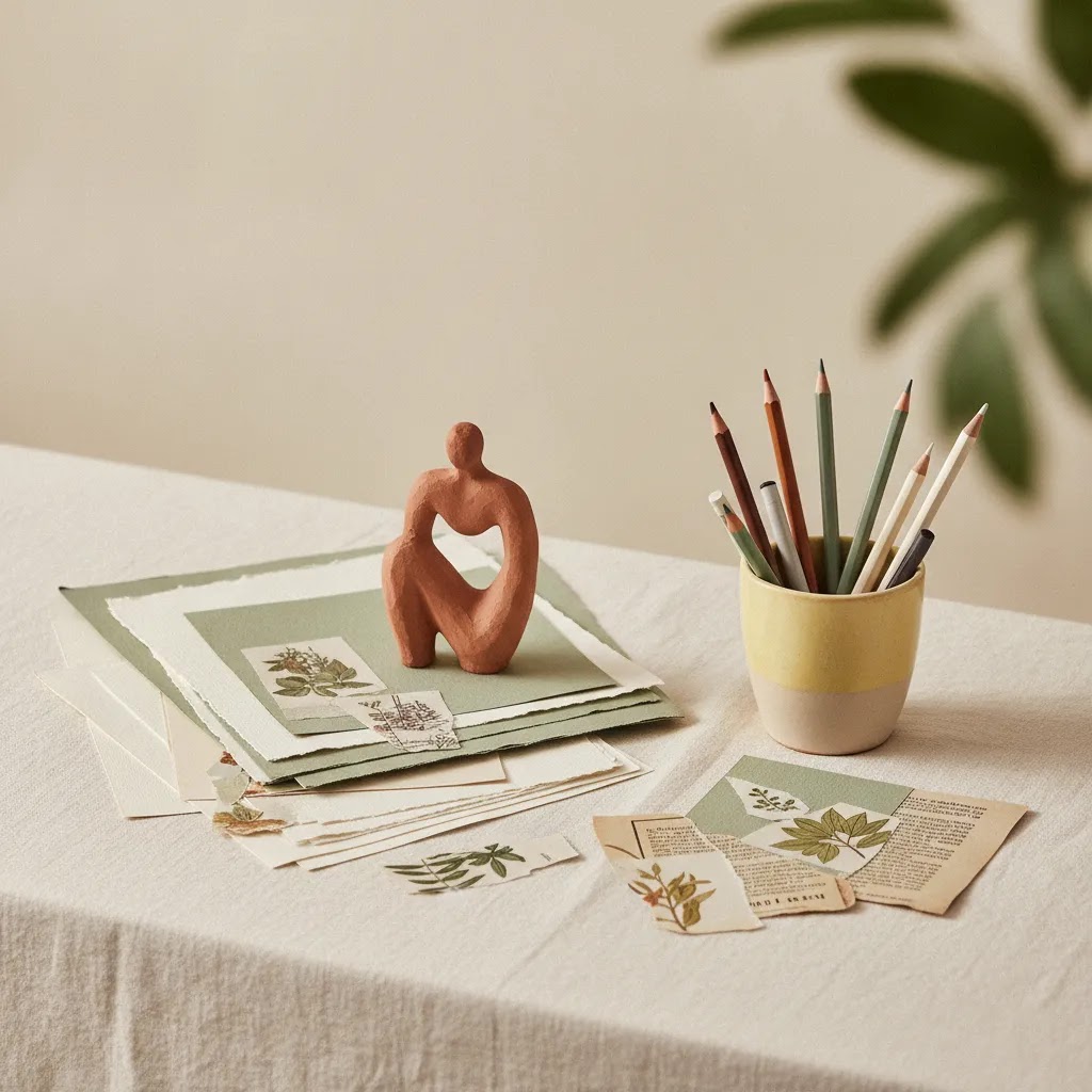 Calming creative materials in a warm minimal arrangement