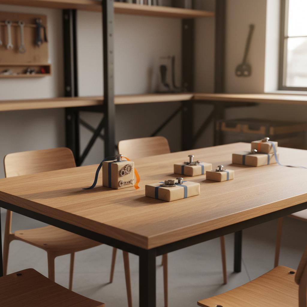 Werkstatt‑Esszimmer mit aufgeräumtem Esstisch und mehreren kleinen Geschenken, Fokus auf Metall‑Accessoires und Holztexturen — erwarten männer geschenke zum valentinstag