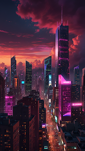 Dramatic Neon Cyberpunk City Sunset Skyscraper