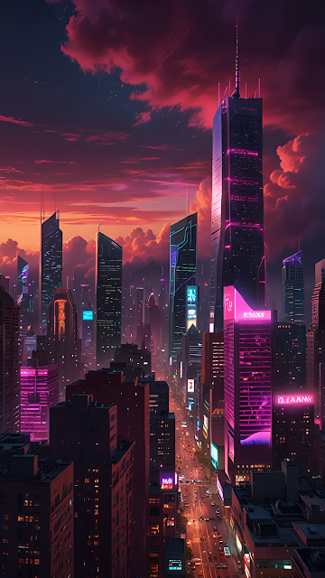 Dramatic Neon Cyberpunk City Sunset Skyscraper - Free mobile Wallpaper