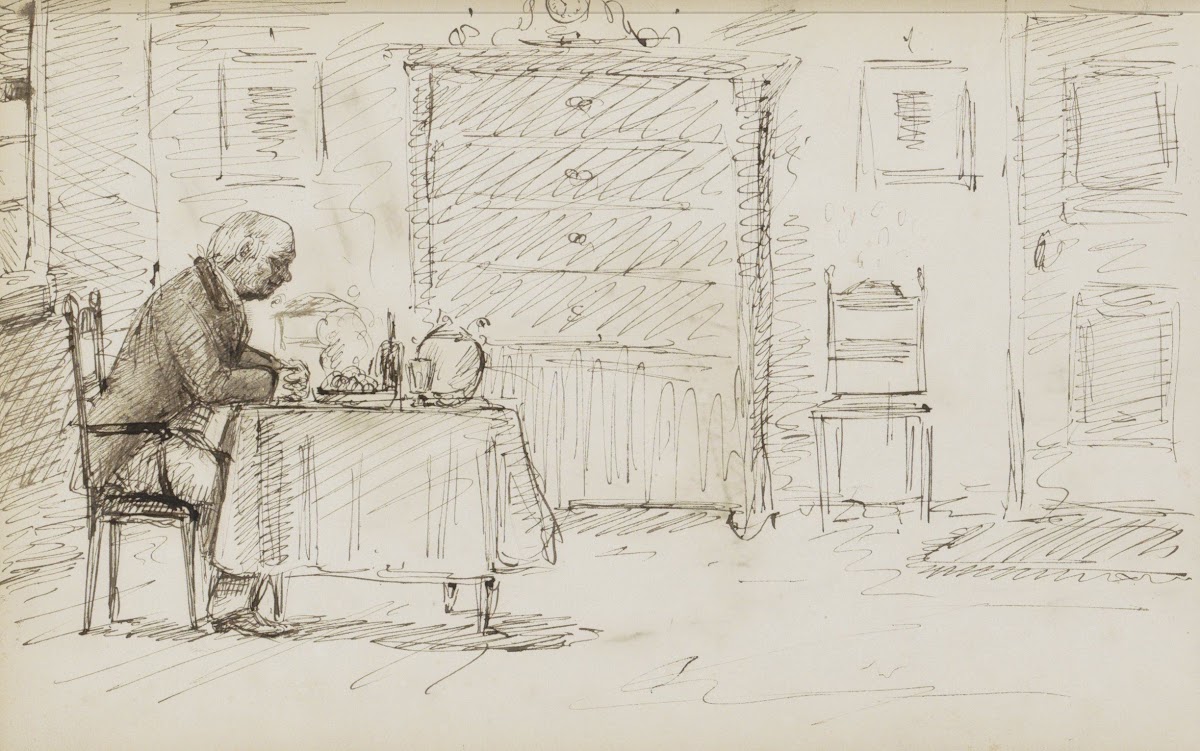 Biddende man aan een gedekte tafel 1880