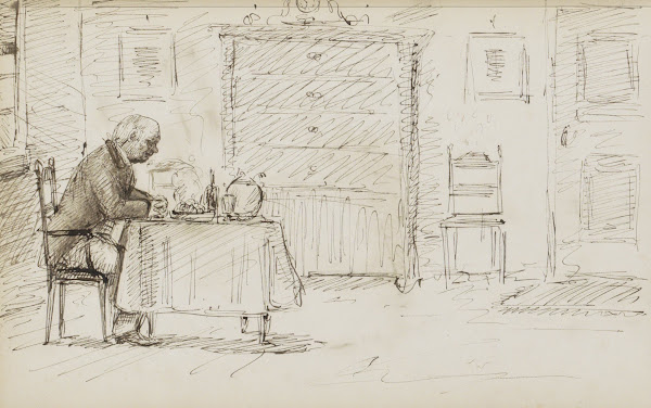 Biddende man aan een gedekte tafel 1880