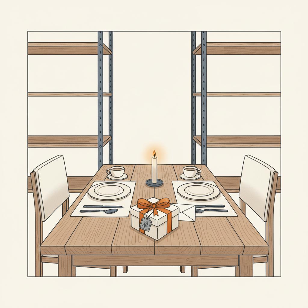 danksagung taufpaten: minimalistisches 2D-Vektorbild eines warm-industriellen Wohnzimmers mit Geschenkpaket auf dem Esstisch, Holz, Metall und warmes Licht