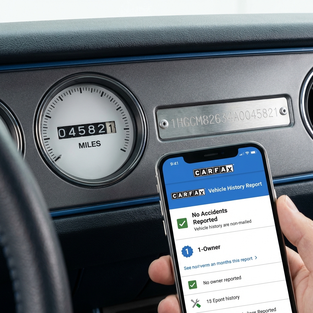 Close up of vehicle dashboard showing mileage odometer and VIN plate with smartphone displaying CarFax Deals vehicle history report for car used for sale