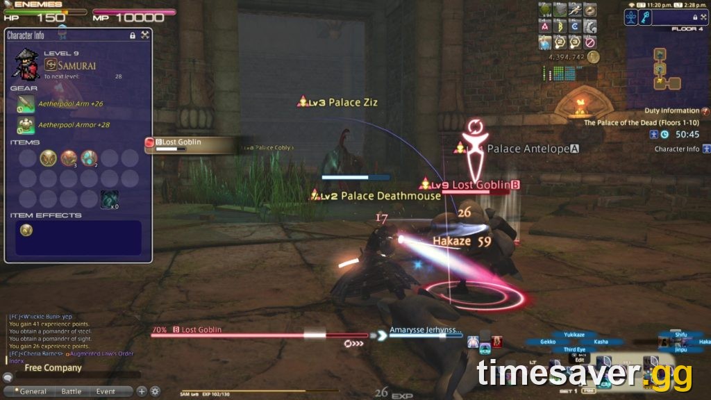 FFXIV Palace of the Dead combat on Floor 4, a Samurai fighting Palace enemies
