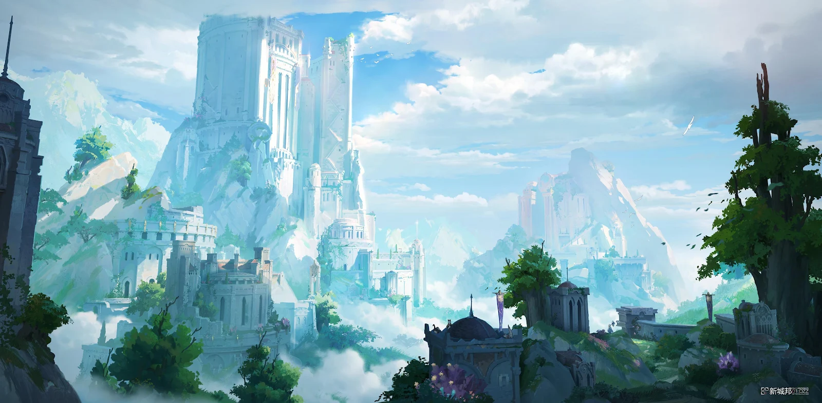 Majestic Cloud City Fortress - Fantasy Concept Art 2K Wallpaper (3840x1885)