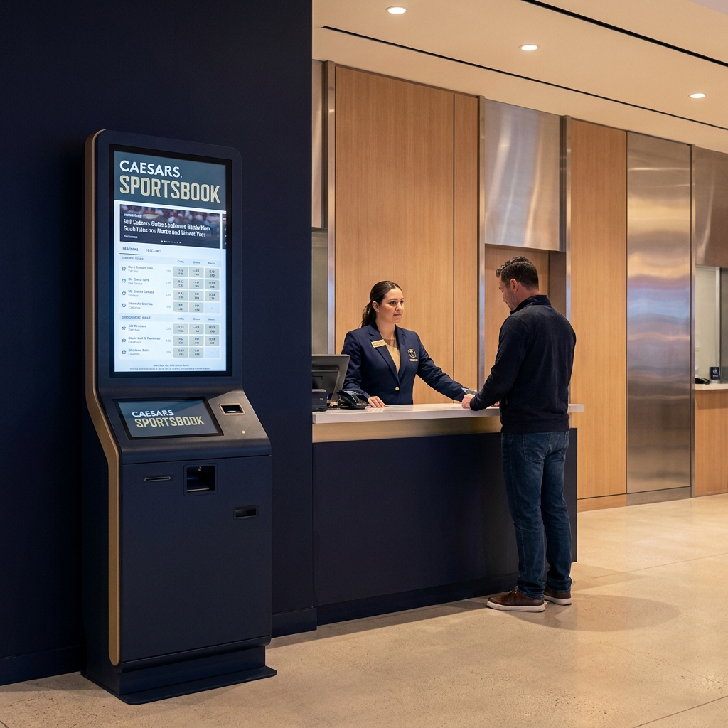 Full frame photo of a Caesars Sportsbook kiosk and staffed betting window on a casino floor in a clean Funded Plays aesthetic with background #10101a and accents #f5e79d flamingo sports book
