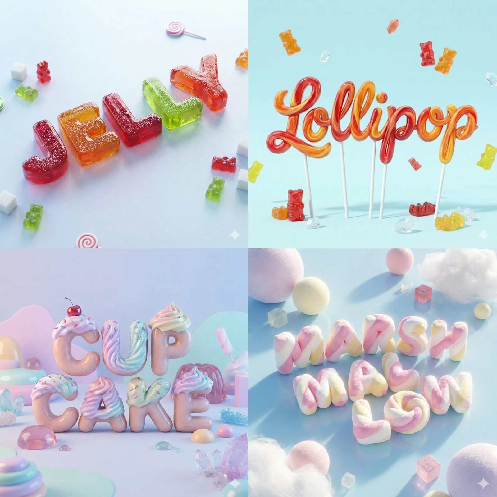 Una representación 3D suave y ultrarrealista de la palabra [YOUR WORD] con forma de un delicioso caramelo; el estilo se adapta según...