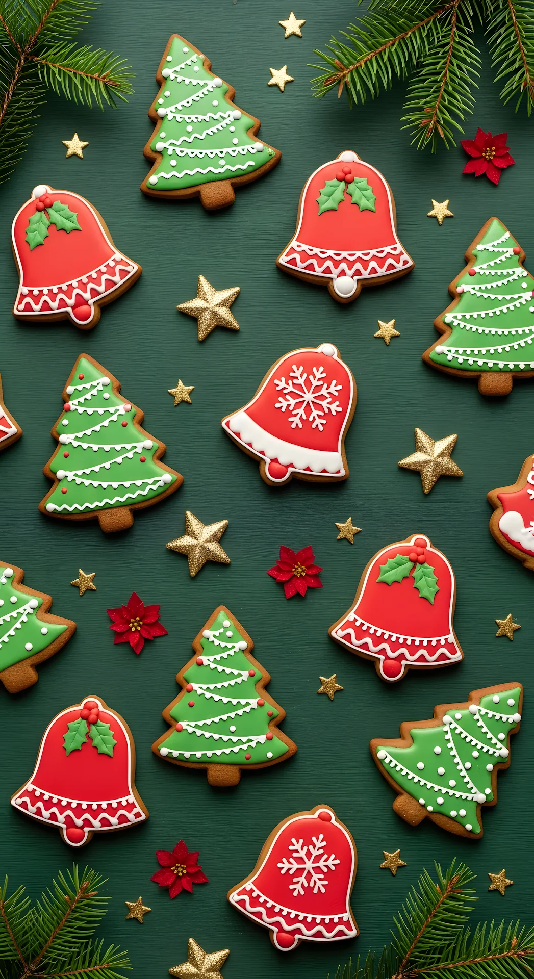 Festive Gingerbread Christmas Cookies Pattern Green Background - Free 4K mobile Wallpaper